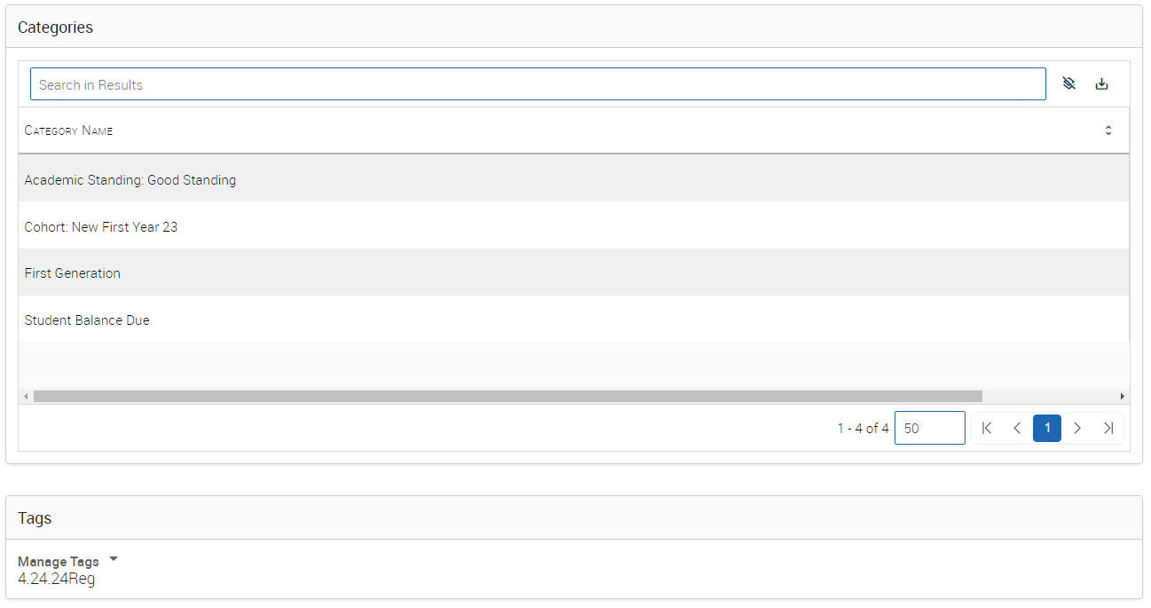 Example view of categories and tags
