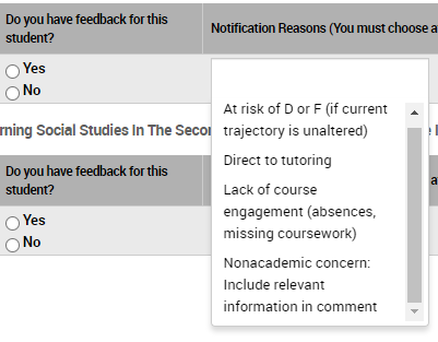 Example feedback reason selection