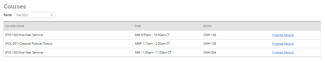 Example current course schedule menu