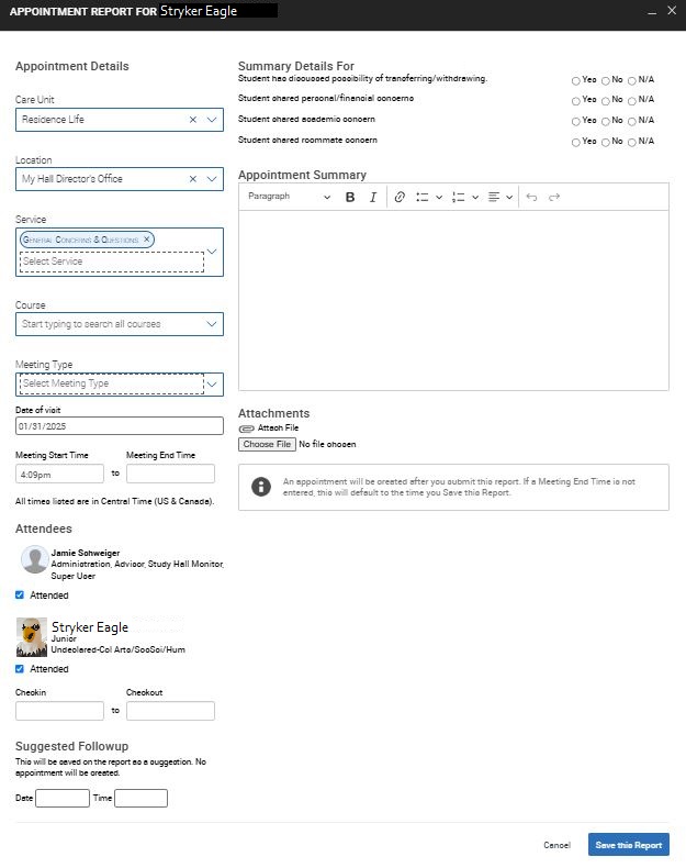 Residence Life Care Unit Appointment Summary