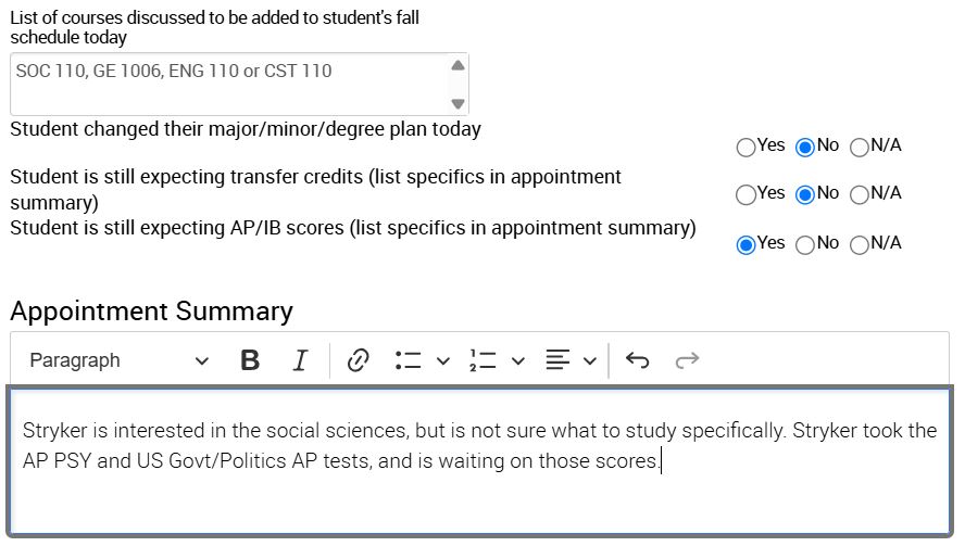 Example Appointment Summary